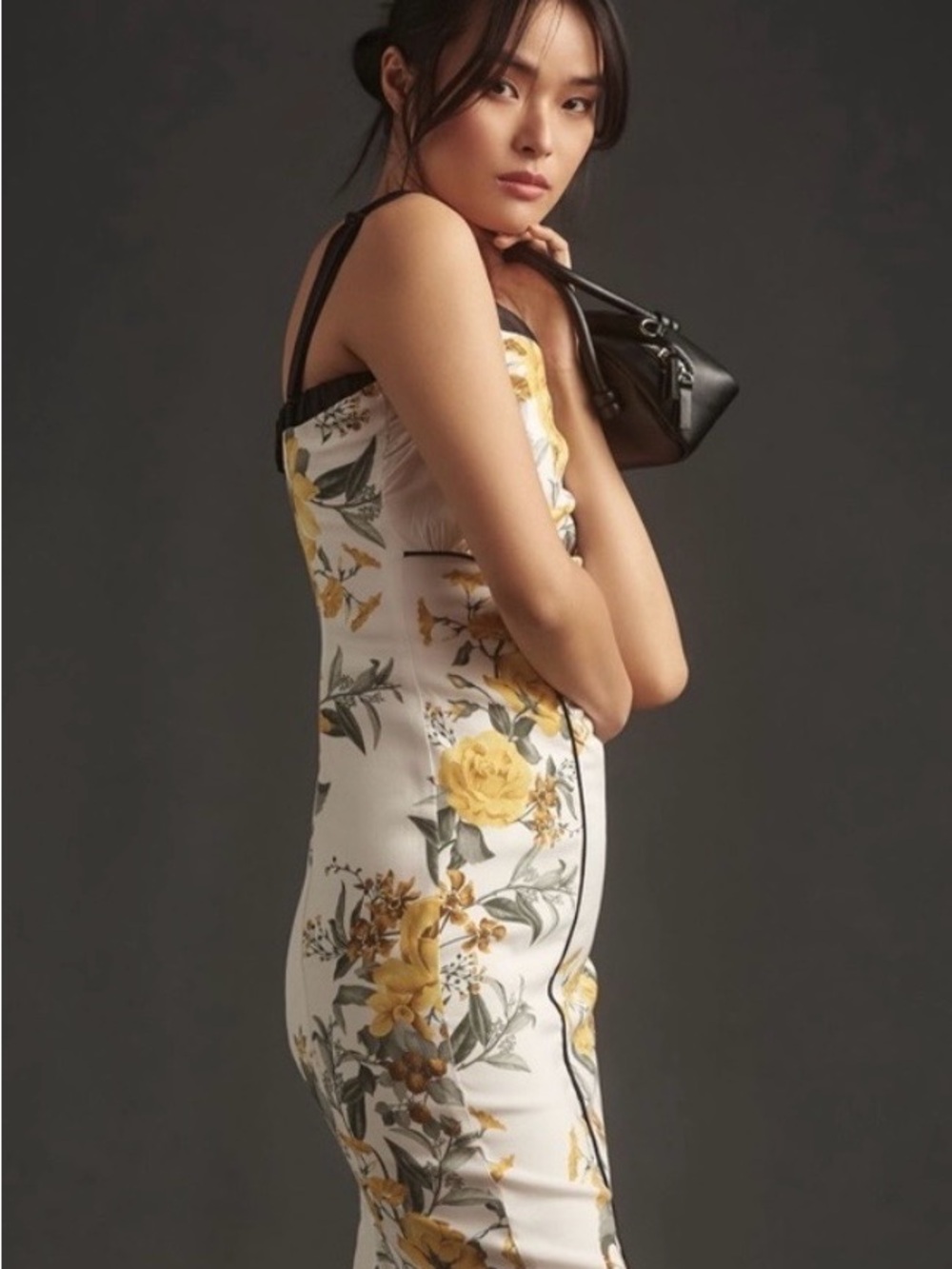 Anthropologie White Midi Dress with Yellow Floral Print and Black Straps
